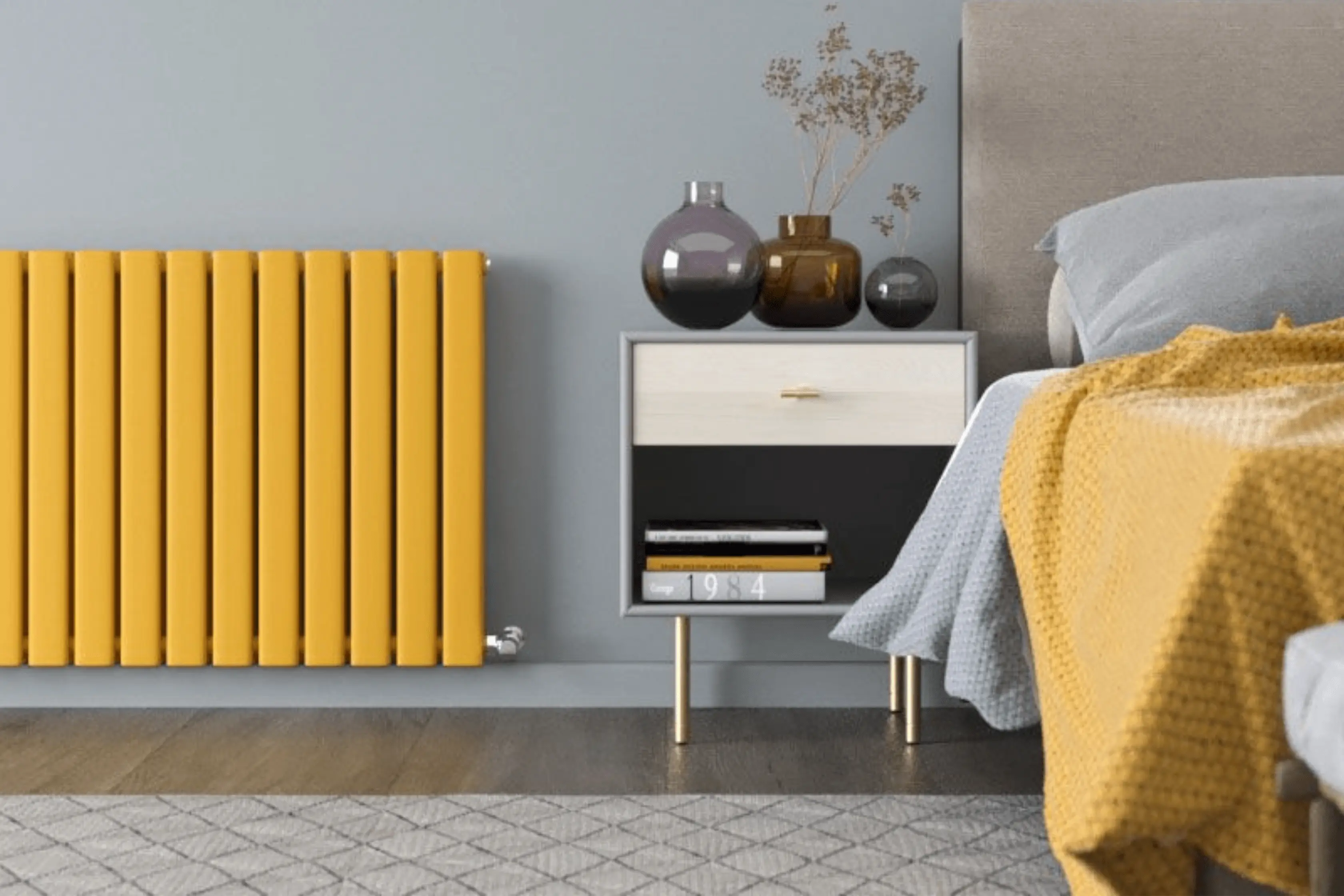 Yellow Flat Panel Radiator In Bedroom